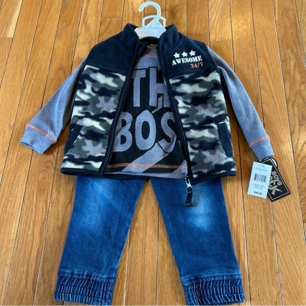 New NWT $46 Boys Rock 3-Piece Camo Vest T-Shirt Blue Jeans Outfit Size 24 Months